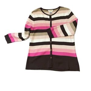 Talbots vintage women size M brown/pink/ivory striped cardigan button sweater